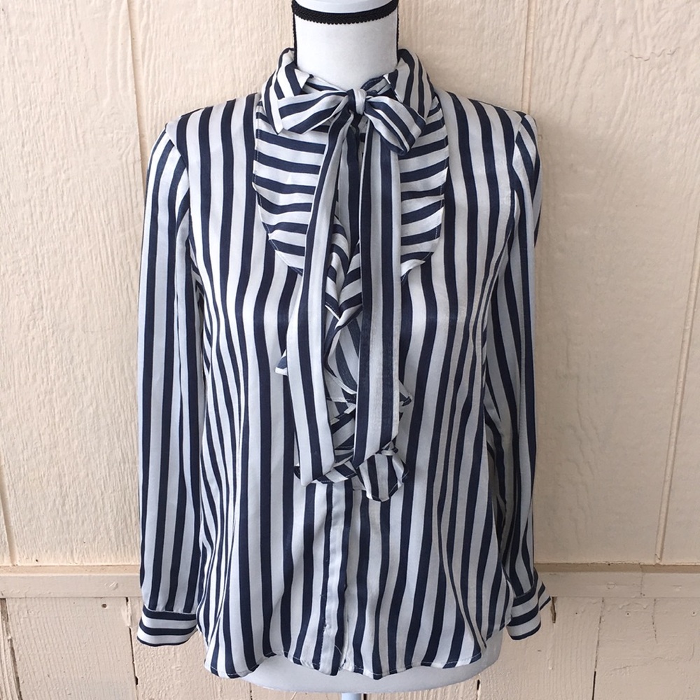 Zara Basic Collection Striped Blouse Bow Detail - image 2